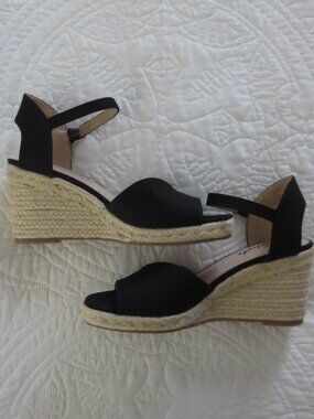 Life Stride Black Peep-Toe Ankle Strap Espadrille Wedges